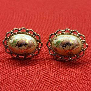 Vintage Clip Earrings Gold Tone Floral Hand Painted